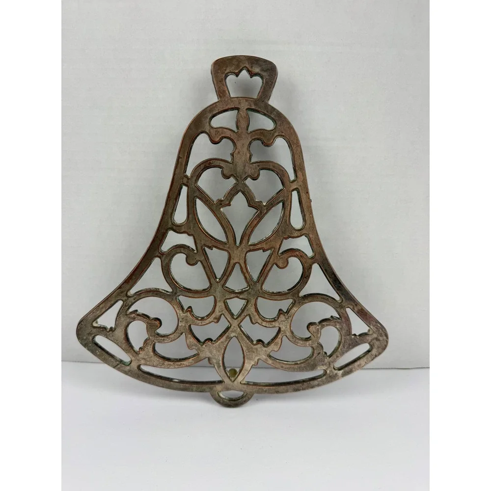 Vintage Bell Shaped Cast Metal Christmas Trivet Heart Scroll Work Wall Hanging
